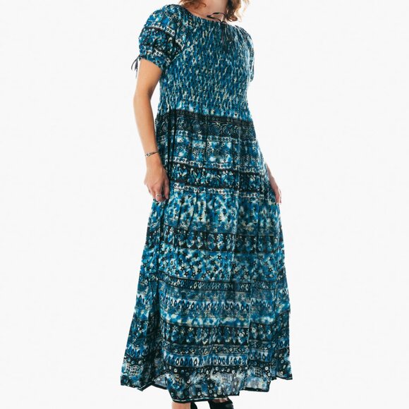 Blue peasant maxi dress short sleeve off shoulder boho summer floral tie dye - Picture 3 of 4